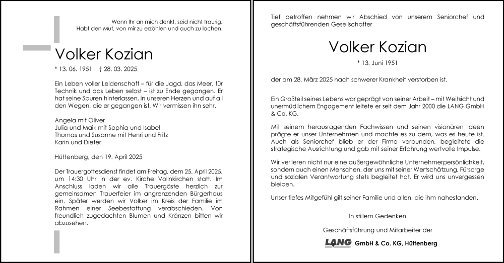 Traueranzeige für Volker Kozian vom 19.04.2025 aus Wetzlarer Neue Zeitung
