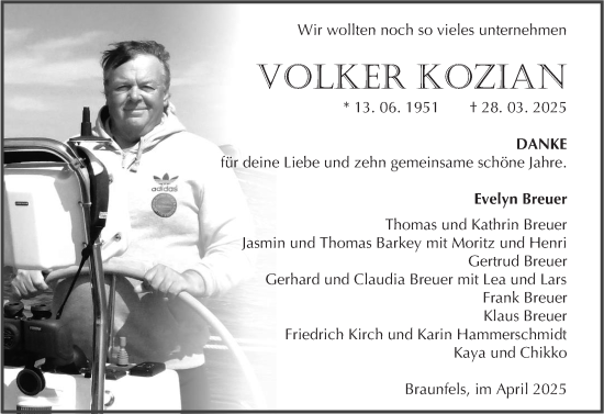 Traueranzeige von Volker Kozian von Wetzlarer Neue Zeitung