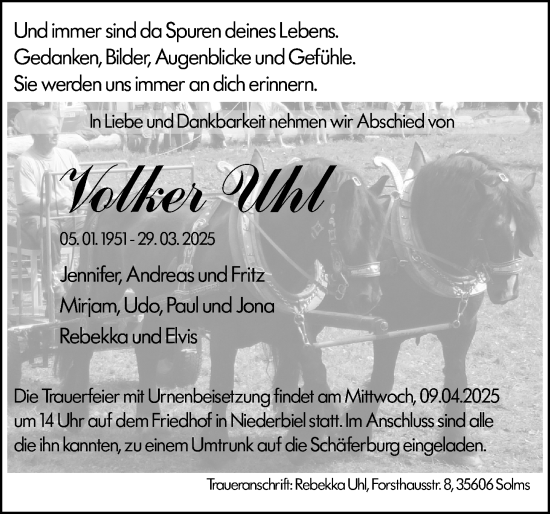 Traueranzeige von Volker Uhl von Wetzlarer Neue Zeitung