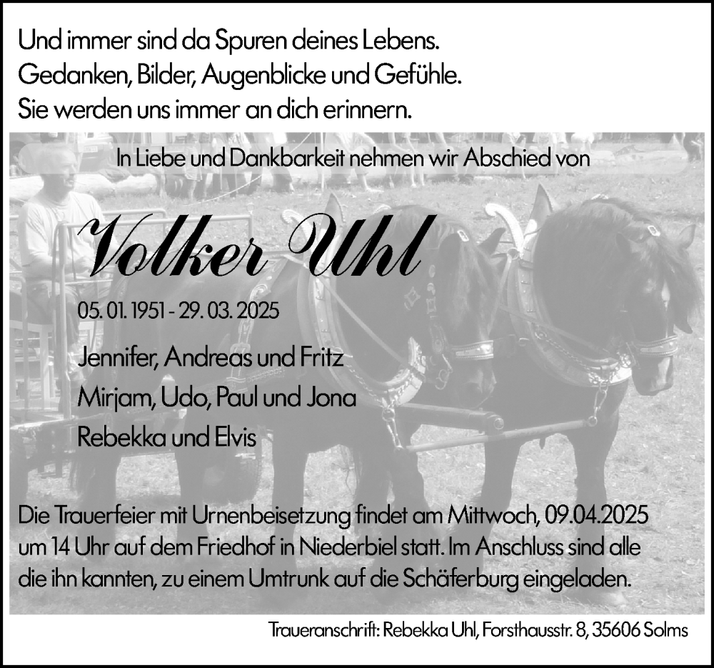  Traueranzeige für Volker Uhl vom 05.04.2025 aus Wetzlarer Neue Zeitung