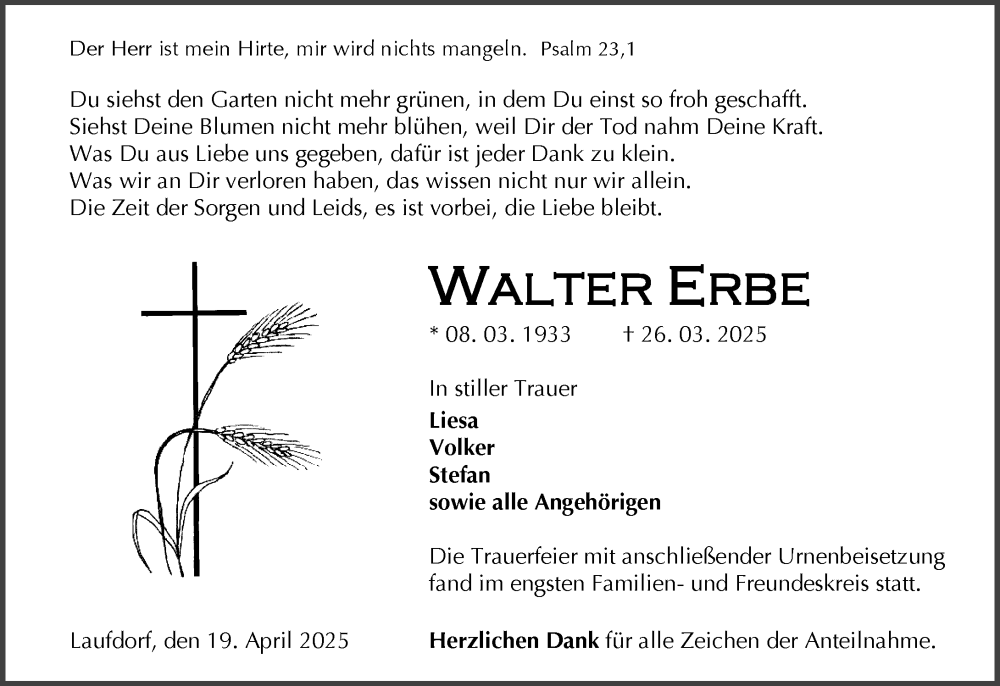  Traueranzeige für Walter Erbe vom 19.04.2025 aus Wetzlarer Neue Zeitung