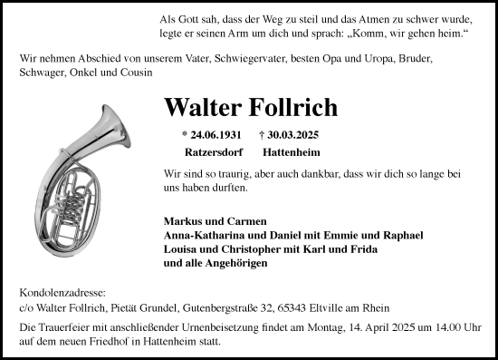 Traueranzeige von Walter Follrich von Wiesbadener Kurier