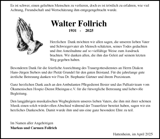 Traueranzeige von Walter Follrich von Wiesbadener Kurier