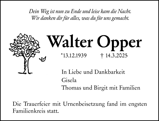 Traueranzeige von Walter Opper von Darmstädter Echo