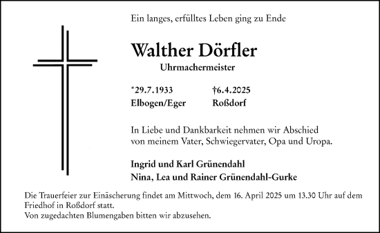 Traueranzeige von Walther Dörfler von Darmstädter Echo