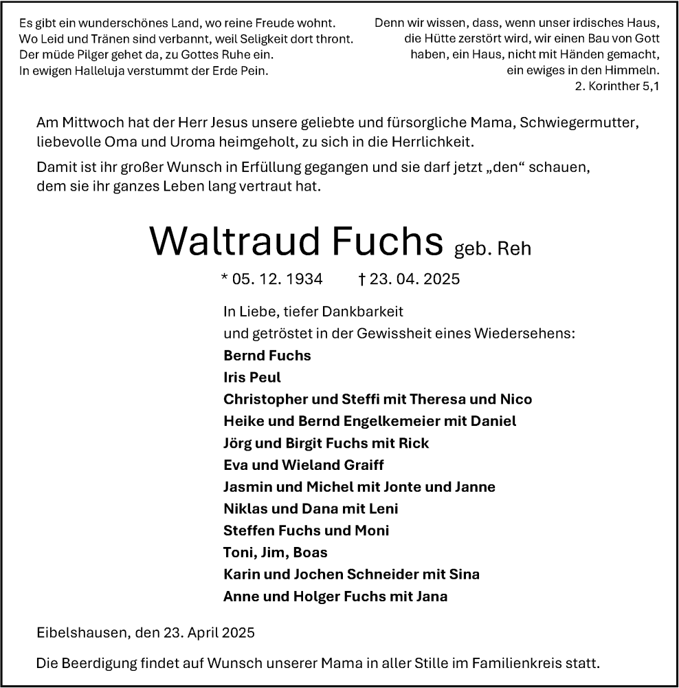  Traueranzeige für Waltraud Fuchs vom 26.04.2025 aus Dill Block