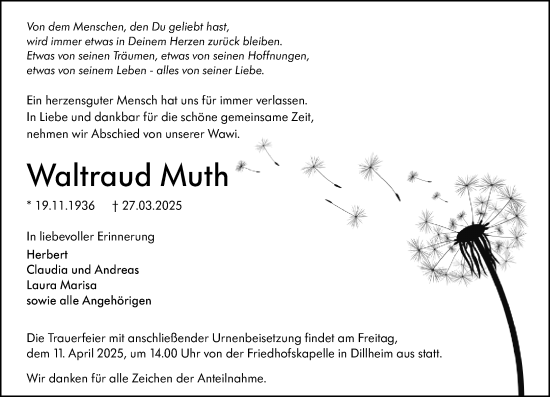 Traueranzeige von Waltraud Muth von Wetzlarer Neue Zeitung