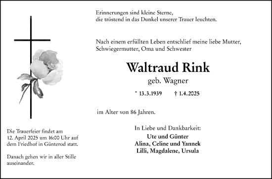 Traueranzeige von Waltraud Rink von Hinterländer Anzeiger