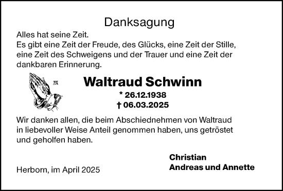 Traueranzeige von Waltraud Schwinn von Dill Block