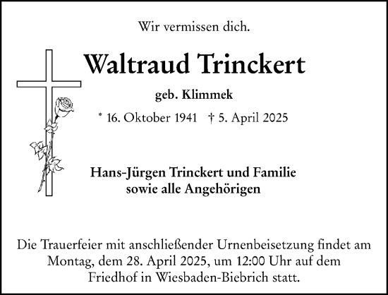 Traueranzeige von Waltraud Trinckert von Wiesbadener Kurier