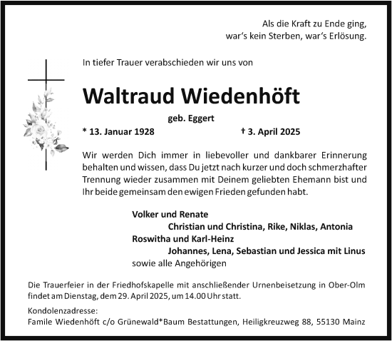 Traueranzeige von Waltraud Wiedenhöft von Allgemeine Zeitung Mainz