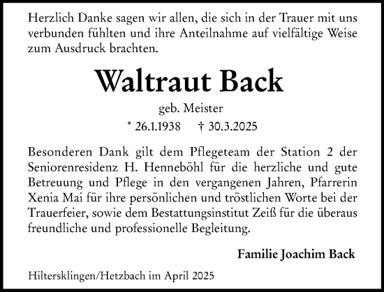 Traueranzeige von Waltraut Back von Odenwälder Echo