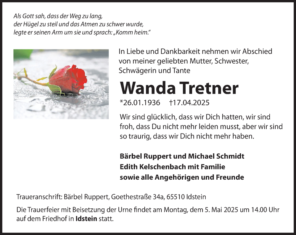  Traueranzeige für Wanda Tretner vom 26.04.2025 aus Idsteiner Land/Untertaunus