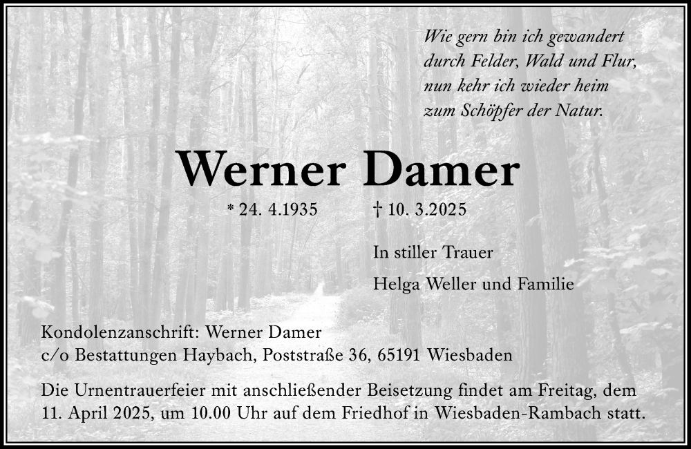  Traueranzeige für Werner Damer vom 05.04.2025 aus Wiesbadener Kurier