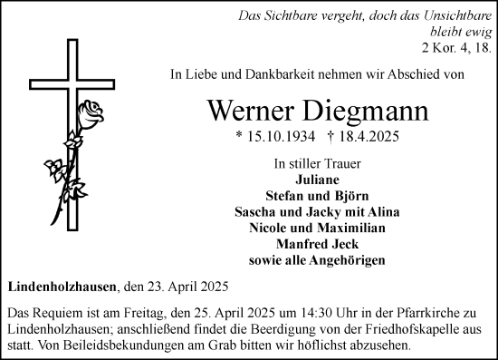 Traueranzeige von Werner Diegmann von Nassauische Neue Presse