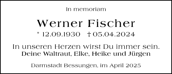 Traueranzeige von Werner Fischer von Darmstädter Echo