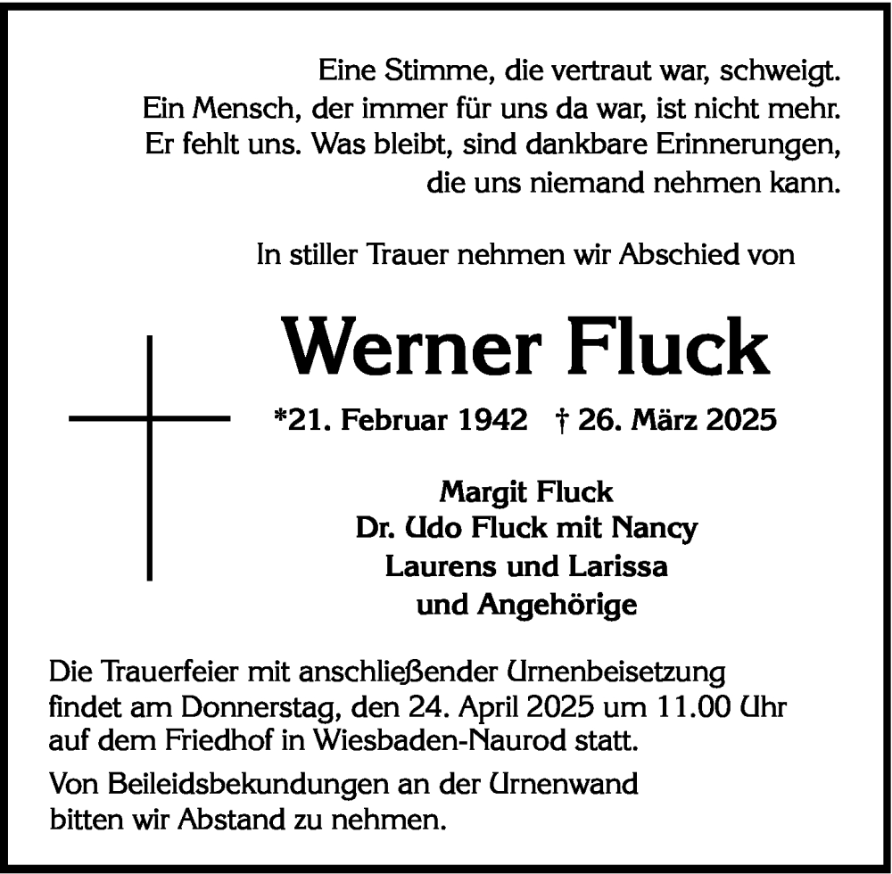  Traueranzeige für Werner Fluck vom 19.04.2025 aus Wiesbadener Kurier