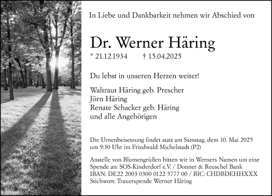 Traueranzeige von Werner Häring von Starkenburger Echo