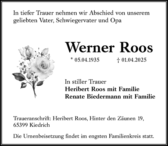 Traueranzeige von Werner Roos von Rheingau Kurier