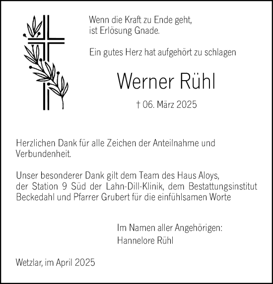 Traueranzeige von Werner Rühl von Wetzlarer Neue Zeitung