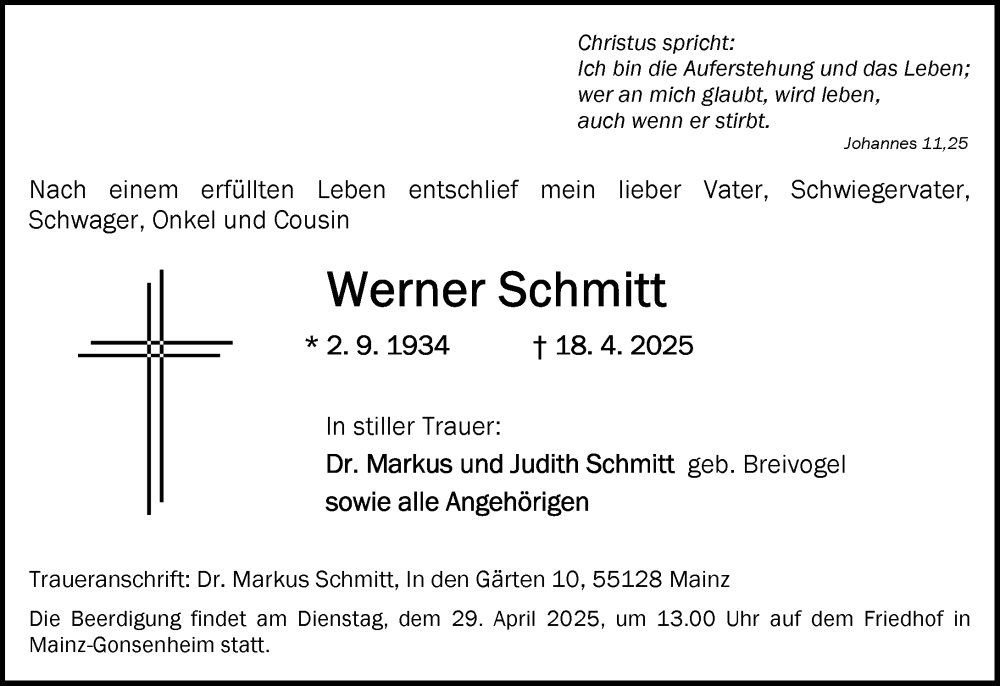  Traueranzeige für Werner Schmitt vom 26.04.2025 aus Allgemeine Zeitung Mainz