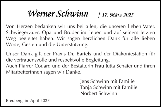 Traueranzeige von Werner Schwinn von Odenwälder Echo