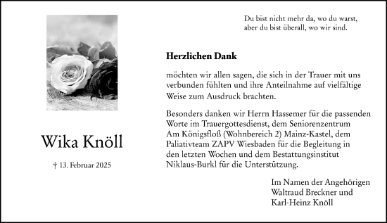 Traueranzeige von Wika Knöll von Allgemeine Zeitung Mainz