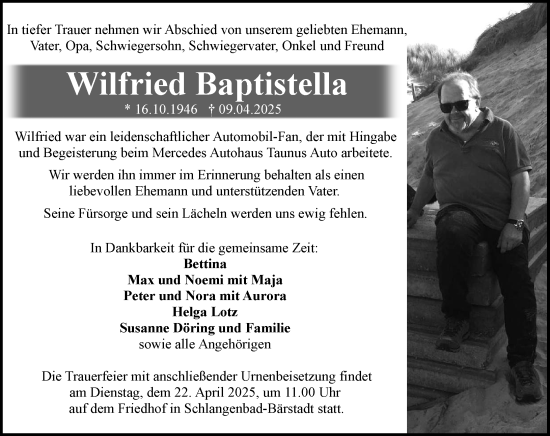Traueranzeige von Wilfried Baptistella von Wiesbadener Kurier