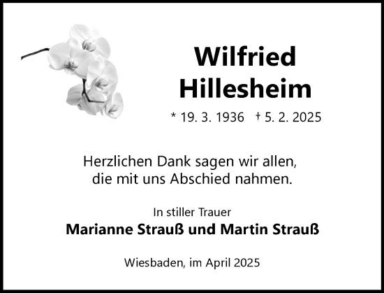 Traueranzeige von Wilfried Hillesheim von Allgemeine Zeitung Mainz