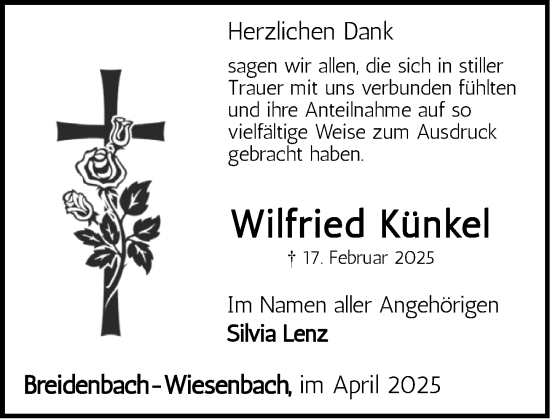 Traueranzeige von Wilfried Künkel von Hinterländer Anzeiger