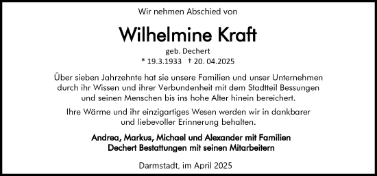 Traueranzeige von Wilhelmine Kraft von Darmstädter Echo