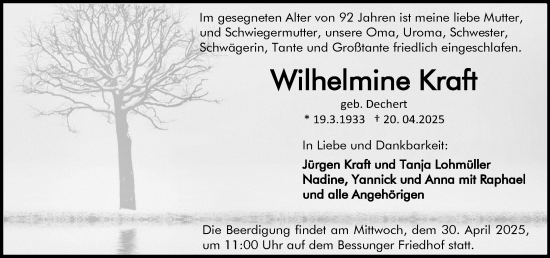 Traueranzeige von Wilhelmine Kraft von Darmstädter Echo