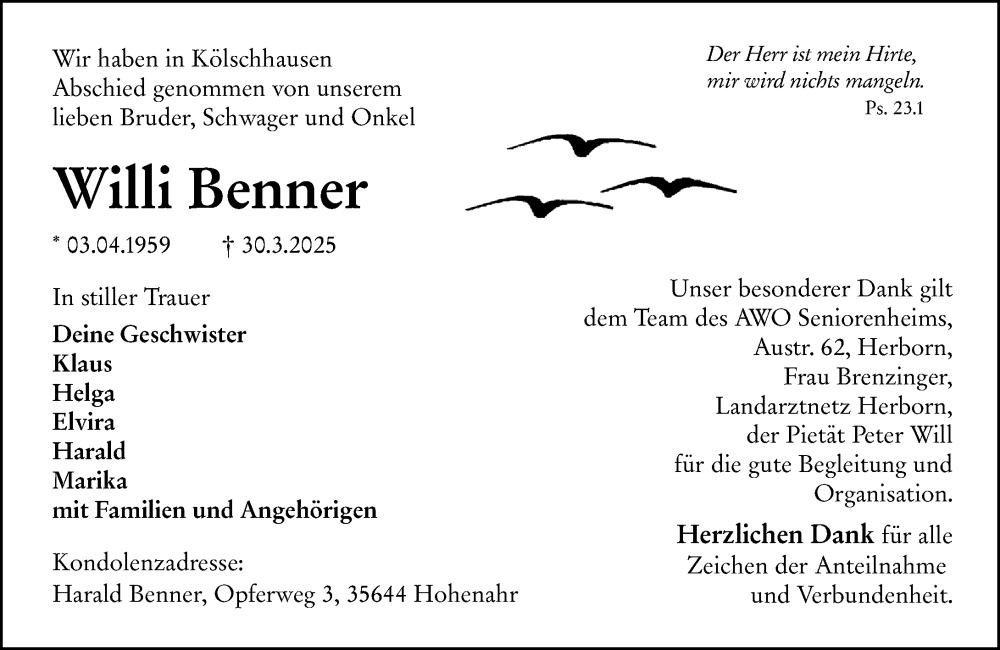  Traueranzeige für Willi Benner vom 19.04.2025 aus Wetzlarer Neue Zeitung