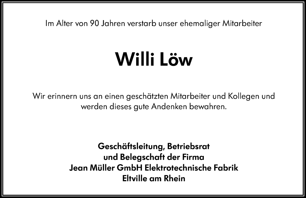  Traueranzeige für Willi Löw vom 01.04.2025 aus Rheingau Kurier