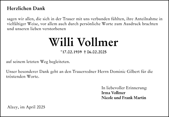 Traueranzeige von Willi Vollmer von Allgemeine Zeitung Alzey