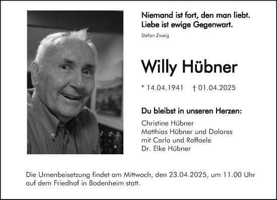 Traueranzeige von Willy Hübner von Allgemeine Zeitung Mainz