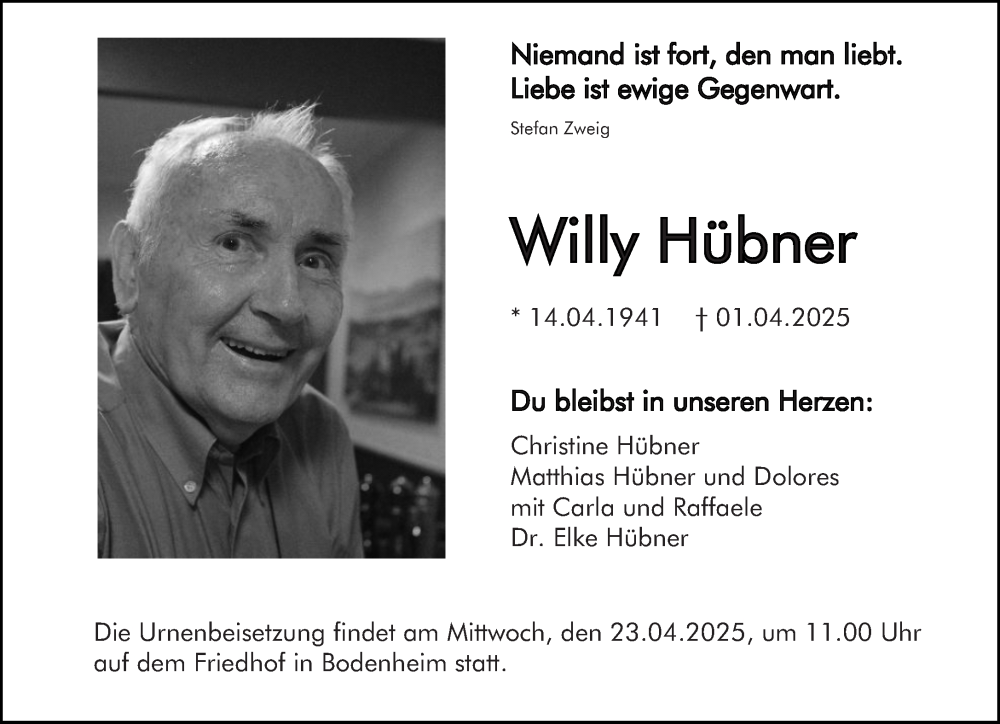  Traueranzeige für Willy Hübner vom 12.04.2025 aus Allgemeine Zeitung Mainz
