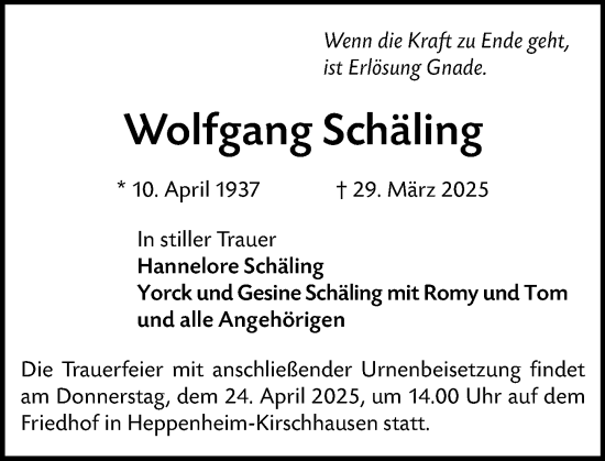 Traueranzeige von Wolfgang Schäling von Starkenburger Echo
