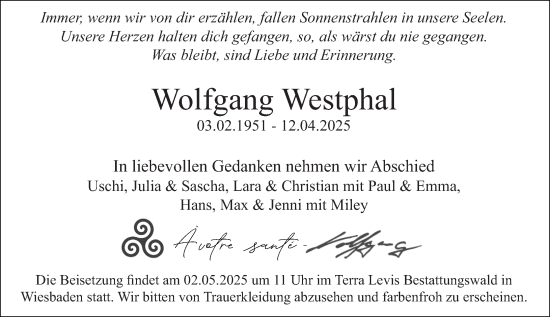 Traueranzeige von Wolfgang Westphal von Allgemeine Zeitung Mainz