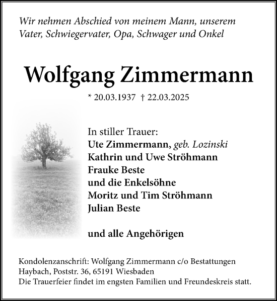 Traueranzeige von Wolfgang Zimmermann von Wiesbadener Kurier
