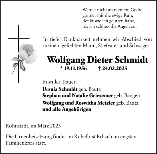 Traueranzeige von Wolfgang Dieter Schmidt von Weilburger Tageblatt