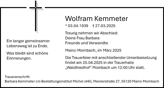 Traueranzeige von Wolfram Kemmeter von Allgemeine Zeitung Mainz