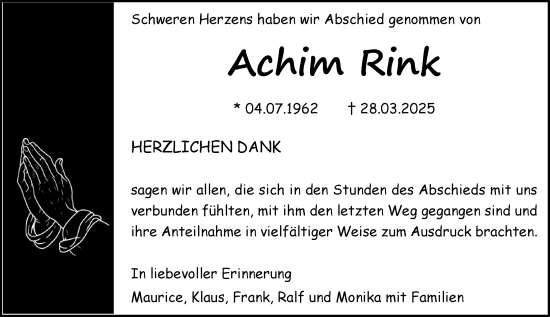 Traueranzeige von Achim Rink von Allgemeine Zeitung Alzey