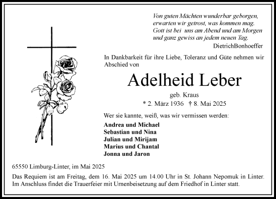 Traueranzeige von Adelheid Leber von Nassauische Neue Presse