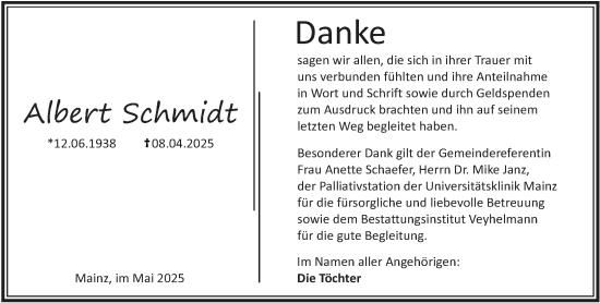 Traueranzeige von Albert Schmidt von Allgemeine Zeitung Mainz