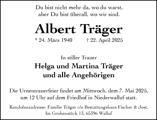 Traueranzeige von Albert Träger von Wiesbadener Kurier