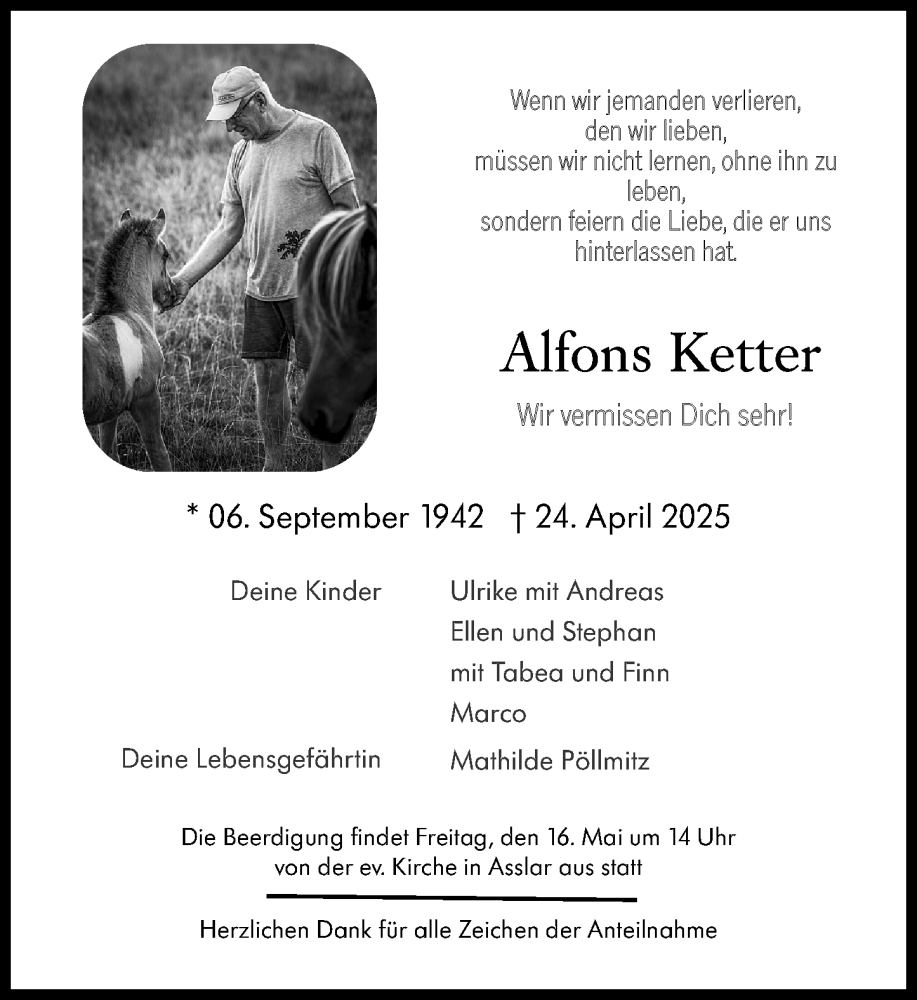  Traueranzeige für Alfons Ketter vom 10.05.2025 aus Wetzlarer Neue Zeitung