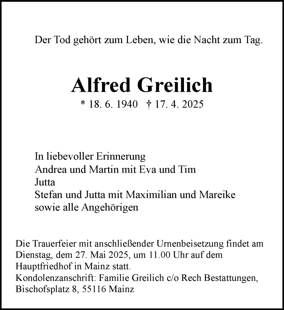  Traueranzeige für Alfred Greilich vom 03.05.2025 aus Allgemeine Zeitung Mainz