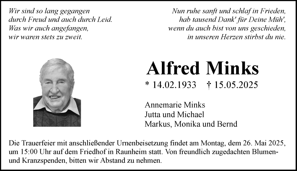  Traueranzeige für Alfred Minks vom 24.05.2025 aus Rüsselsheimer Echo