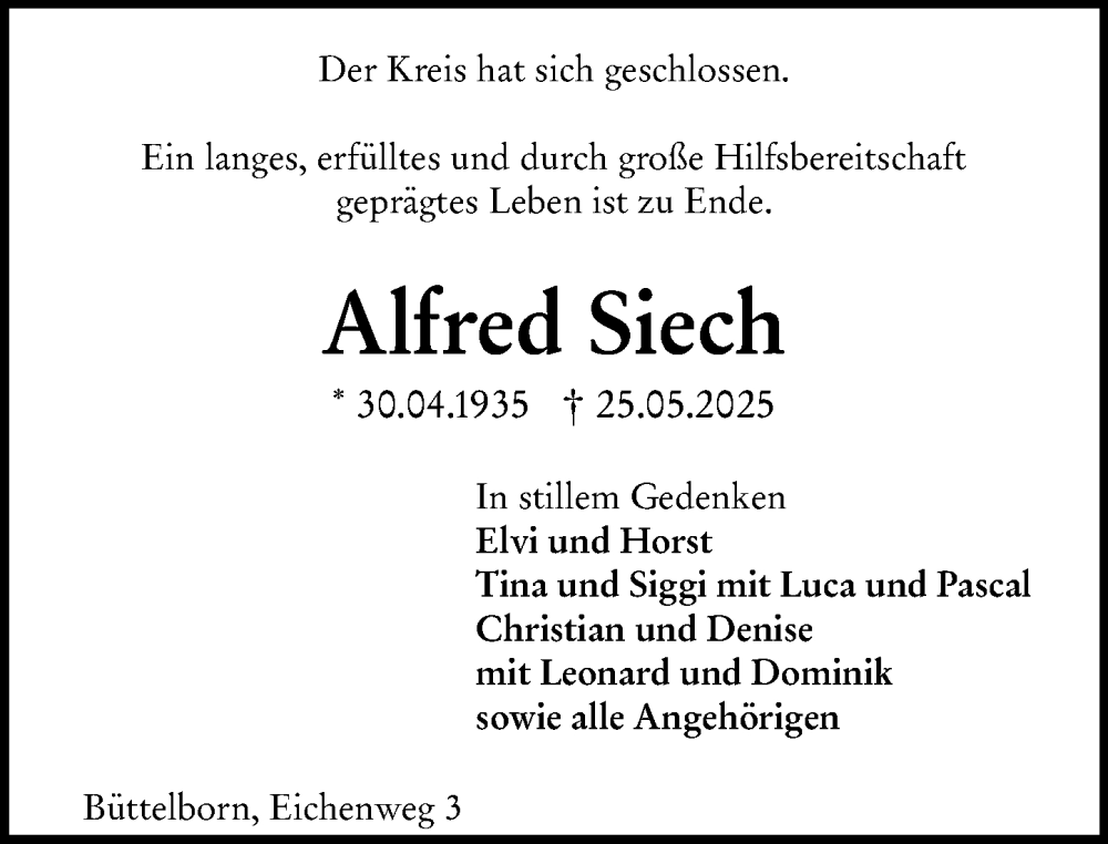  Traueranzeige für Alfred Siech vom 31.05.2025 aus Groß-Gerauer Echo